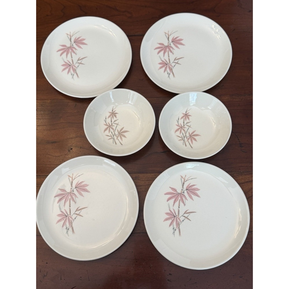 Vintage Salem China Pink Bamboo Salad Plates Bowls Set of 6 MCM Tiki Mid Century